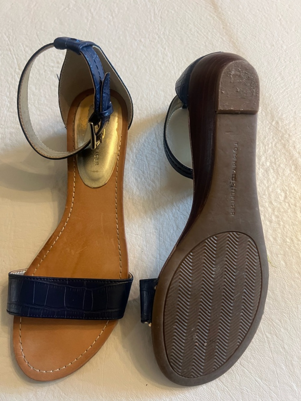 Tommy Hilfiger Navy Croc-Embossed Ankle-Strap Sandals - Picture 5 of 8